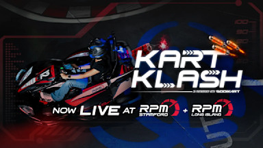 Go-kart racer speeding around a track at RPM Raceway, with glowing missiles and power-up graphics in the background. Text overlay reads “Kart Klash – Now Live at RPM Stamford + RPM Long Island.
