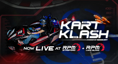 Go-kart racer speeding around a track at RPM Raceway, with glowing missiles and power-up graphics in the background. Text overlay reads “Kart Klash – Now Live at RPM Stamford + RPM Long Island.