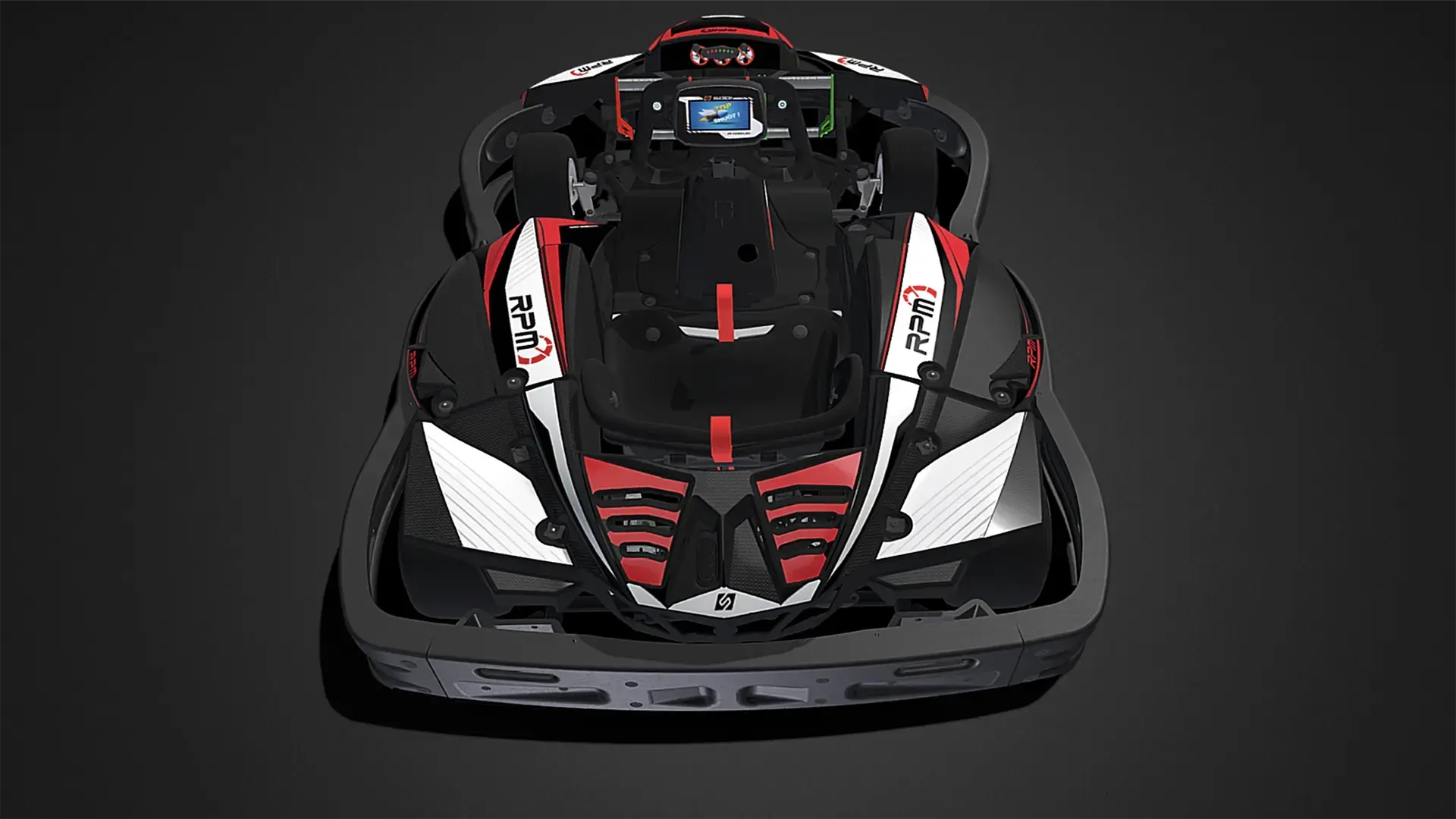 A top-down view of a sleek, high-tech go-kart with a black, white, and red color scheme. The vehicle features aggressive aerodynamic styling with a large RPM logo on the side panels and a prominent steering wheel that includes an integrated digital display screen.