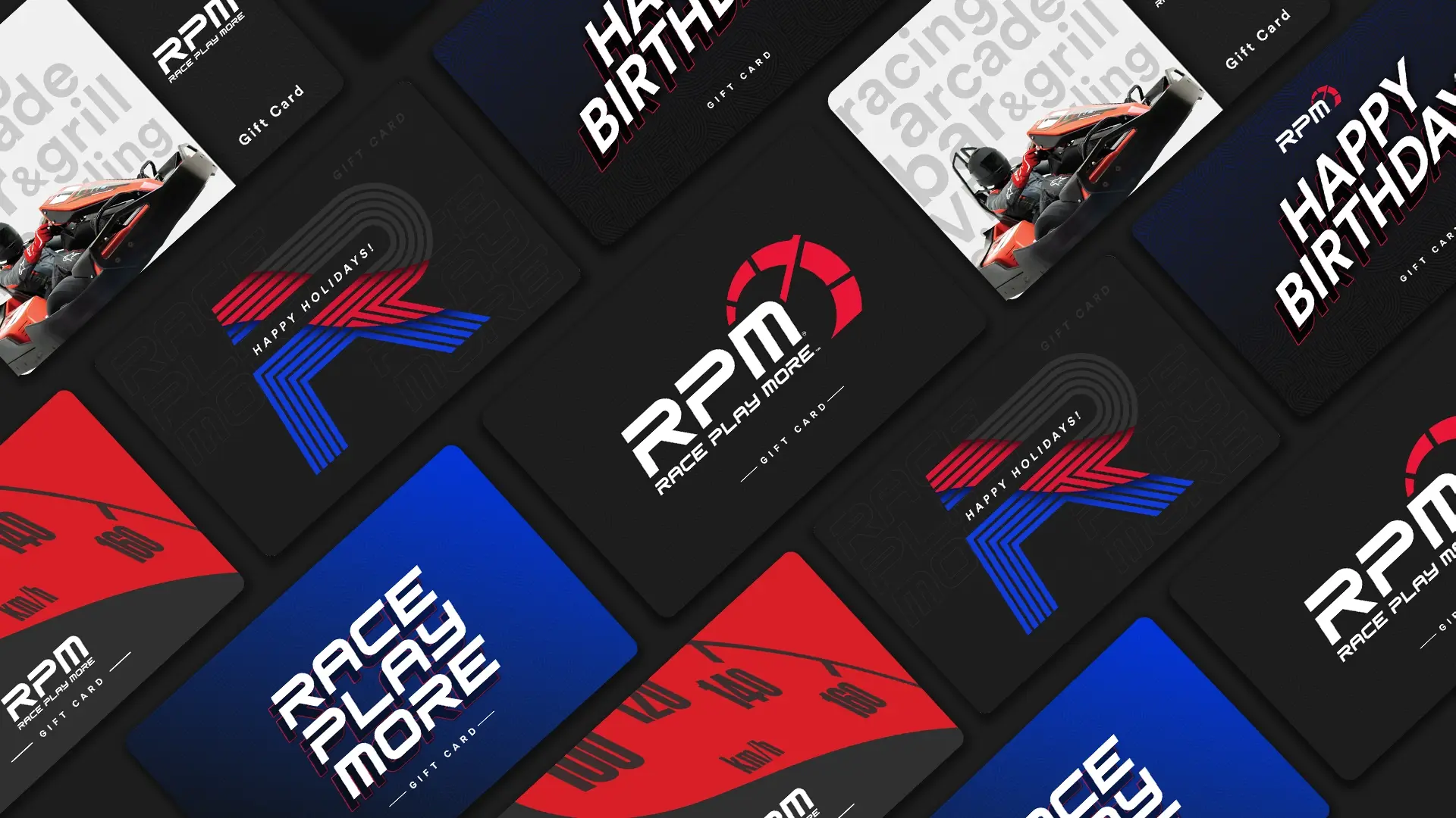 A collage of RPM (Race Play More) gift cards in various designs. The cards feature bold text such as "Happy Birthday," "Race Play More," and the RPM logo. Some cards display racing-related graphics, including a go-kart and checkered flags.