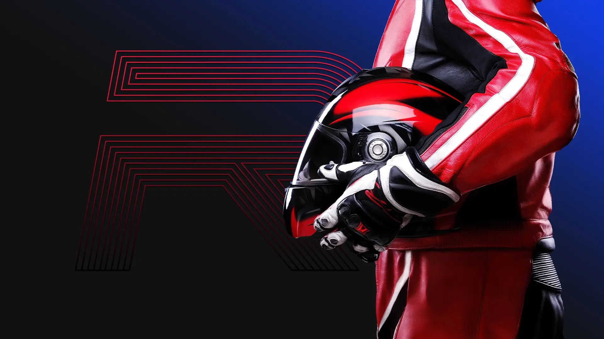 A motorcyclist in a red and black riding suit and gloves holds a red and black helmet against their side. The background features a large, stylized red letter "R" with horizontal lines on a black and blue gradient backdrop.