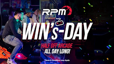 A woman and a man are smiling and playing arcade games with bright lights and colorful arcade machines in the background. The text overlay reads, "RPM Race Play More WIN's-DAY Half Off Arcade All Day Long! Terms & Conditions May Apply." Confetti is scattered in the image.