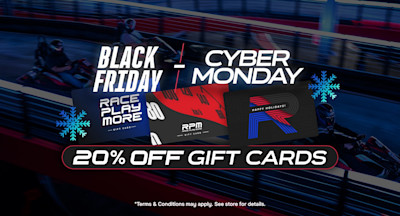 Black Friday and Cyber Monday promotion banner featuring go-kart racers on an indoor track, snowflake graphics, and three RPM Raceway gift cards, advertising 20% off gift cards.