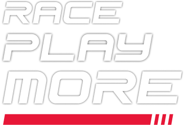 The image features the text "RACE PLAY MORE" in bold, stylized, white capital letters. Below the text, there are five red stripes neatly aligned horizontally.