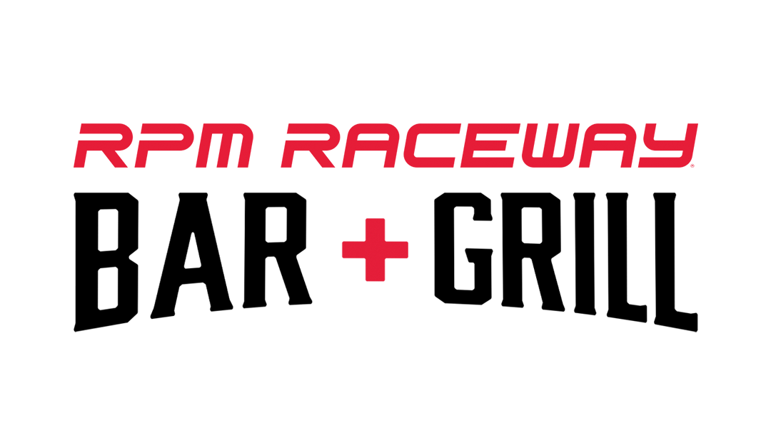 RPM Raceway Bar + Grill logo featuring the red RPM Raceway wordmark above bold black “BAR + GRILL” text with a red plus sign on a white background.
