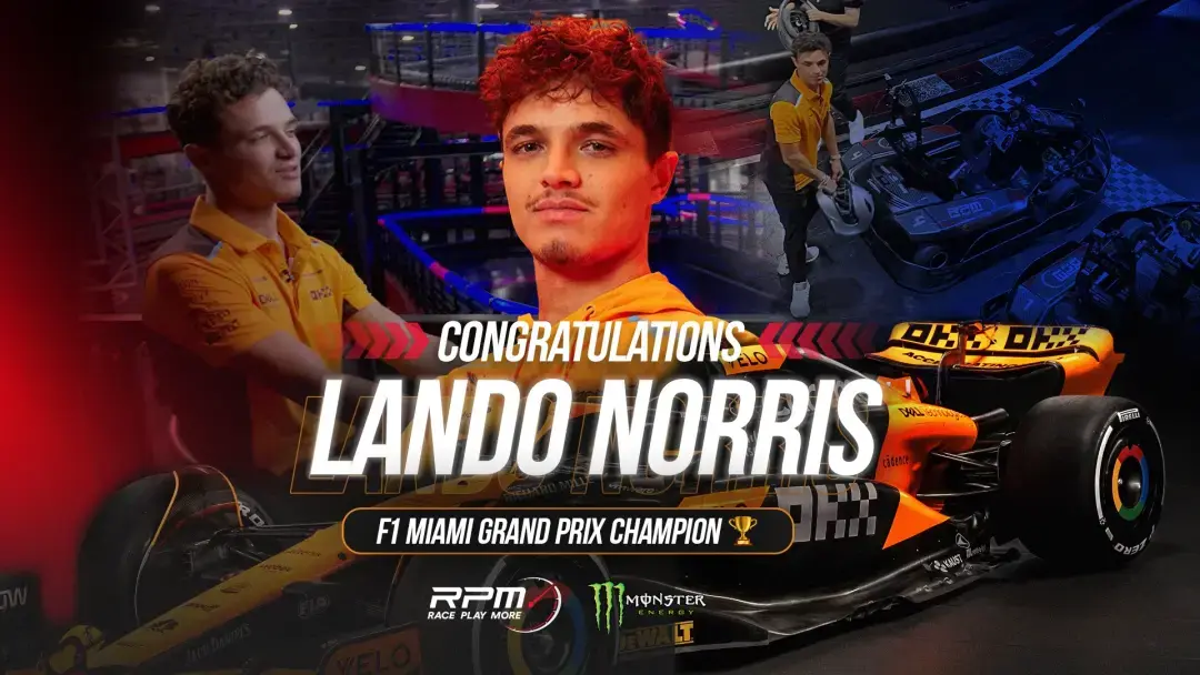 Promotional image congratulating a race car driver, Lando Norris, on winning the F1 Miami Grand Prix Championship. The image features Norris in an orange racing suit with various scenes, including him celebrating and driving a race car. Text reads "Congratulations Lando Norris.