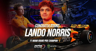 Promotional image congratulating a race car driver, Lando Norris, on winning the F1 Miami Grand Prix Championship. The image features Norris in an orange racing suit with various scenes, including him celebrating and driving a race car. Text reads "Congratulations Lando Norris.