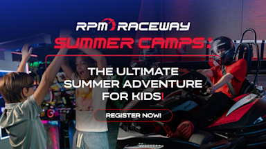 Kids enjoying arcade games and go-karting at RPM Raceway Summer Camps. Text: "The Ultimate Summer Adventure for Kids! Register Now!"
