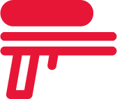 A red graphic icon resembling a futuristic gun or blaster with a rounded top and horizontal lines extending from the barrel. The design is minimalist and stylized, with a sleek, modern appearance.