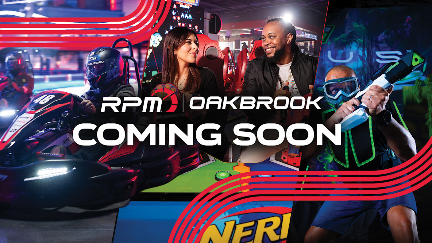 RPM Oakbrook promotional graphic showing a lineup of red, black, and white indoor go-karts. Text reads “RPM Oakbrook” and “Multi-Level Indoor Go-Kart Track,” with red racing arrows and sponsor logos visible on the karts.