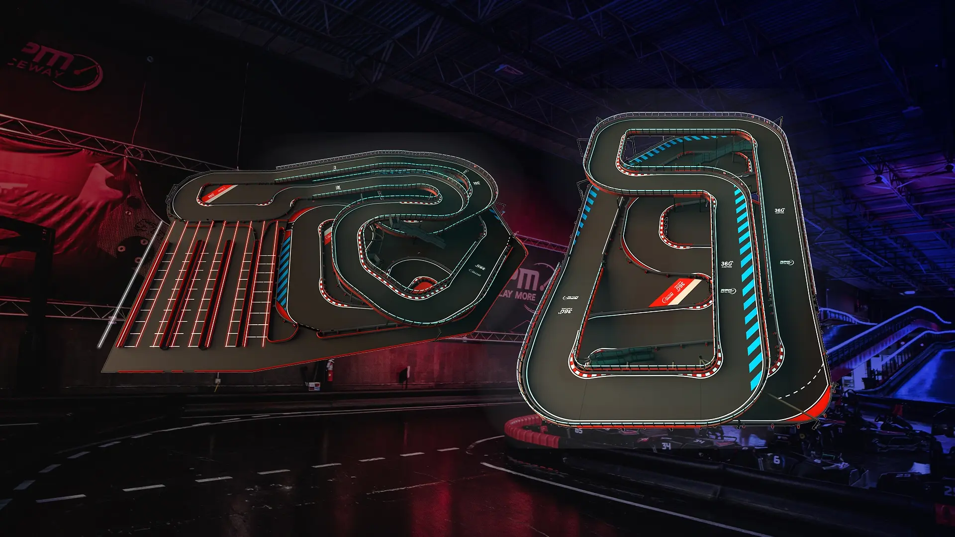 Two illuminated indoor karting tracks in Jersey City with sharp curves and straight sections, designed for competitive racing, under a dark, neon-lit roof.