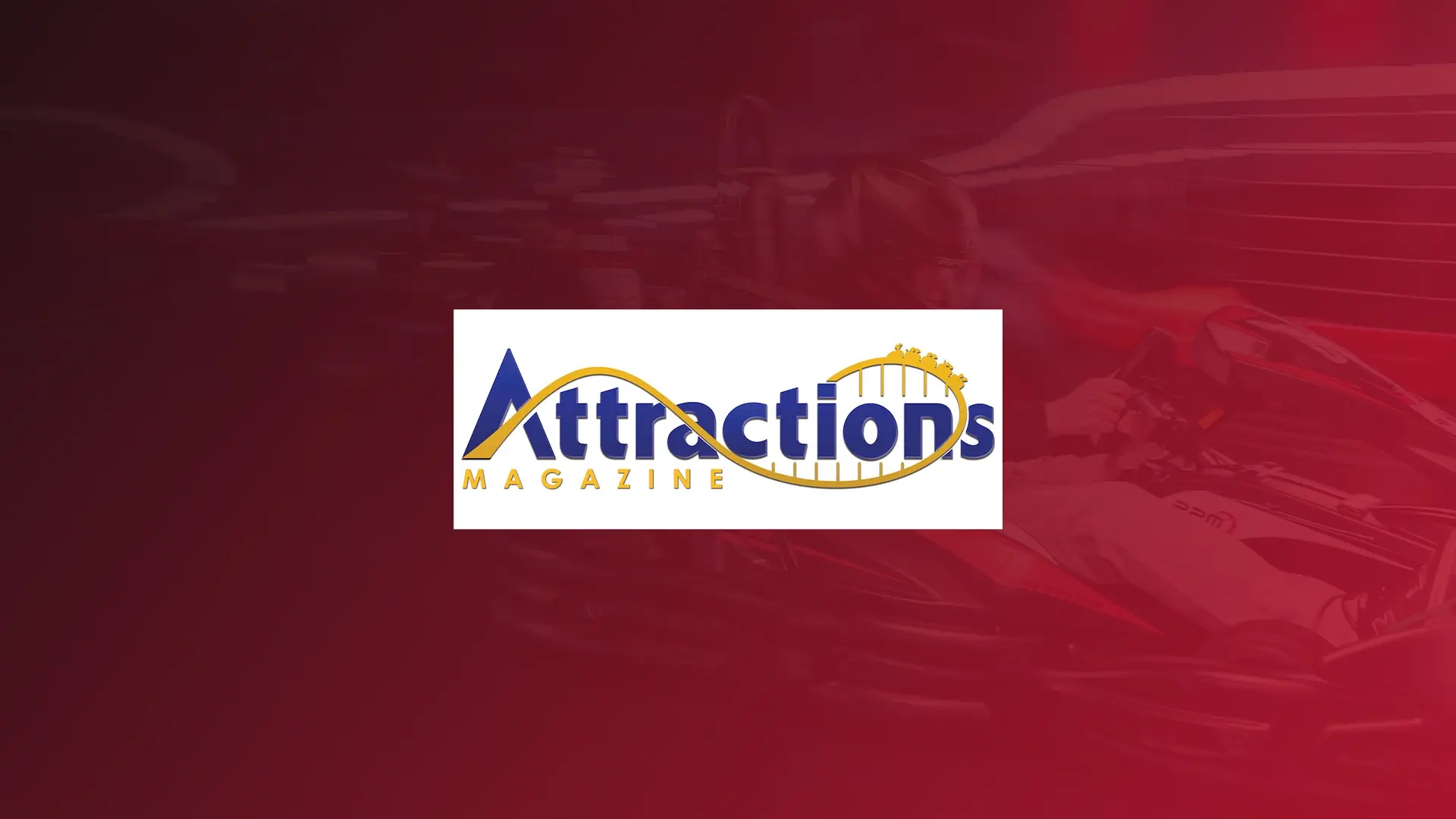 Attractions Magazine logo centered over a red-filtered image of go-kart racing at RPM Raceway, referencing coverage of Kart Klash blending real racing with video game technology.