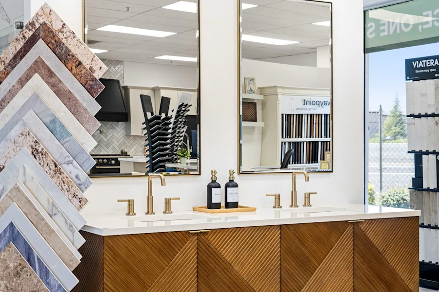 Vanity and tile displays inside the GVD Rocklin showroom