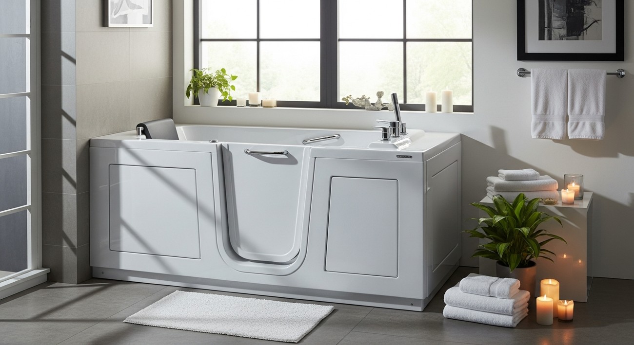 A professional walk-in tub installation featuring a low 2-inch threshold and integrated stainless steel grab bars in a Roseville home.