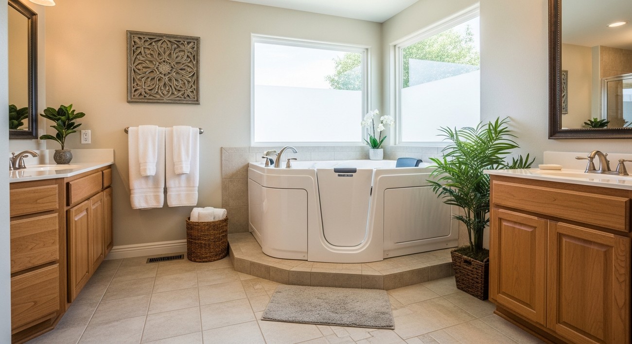 Completed walk-in tub installation featuring hydrotherapy jets and molded seating.