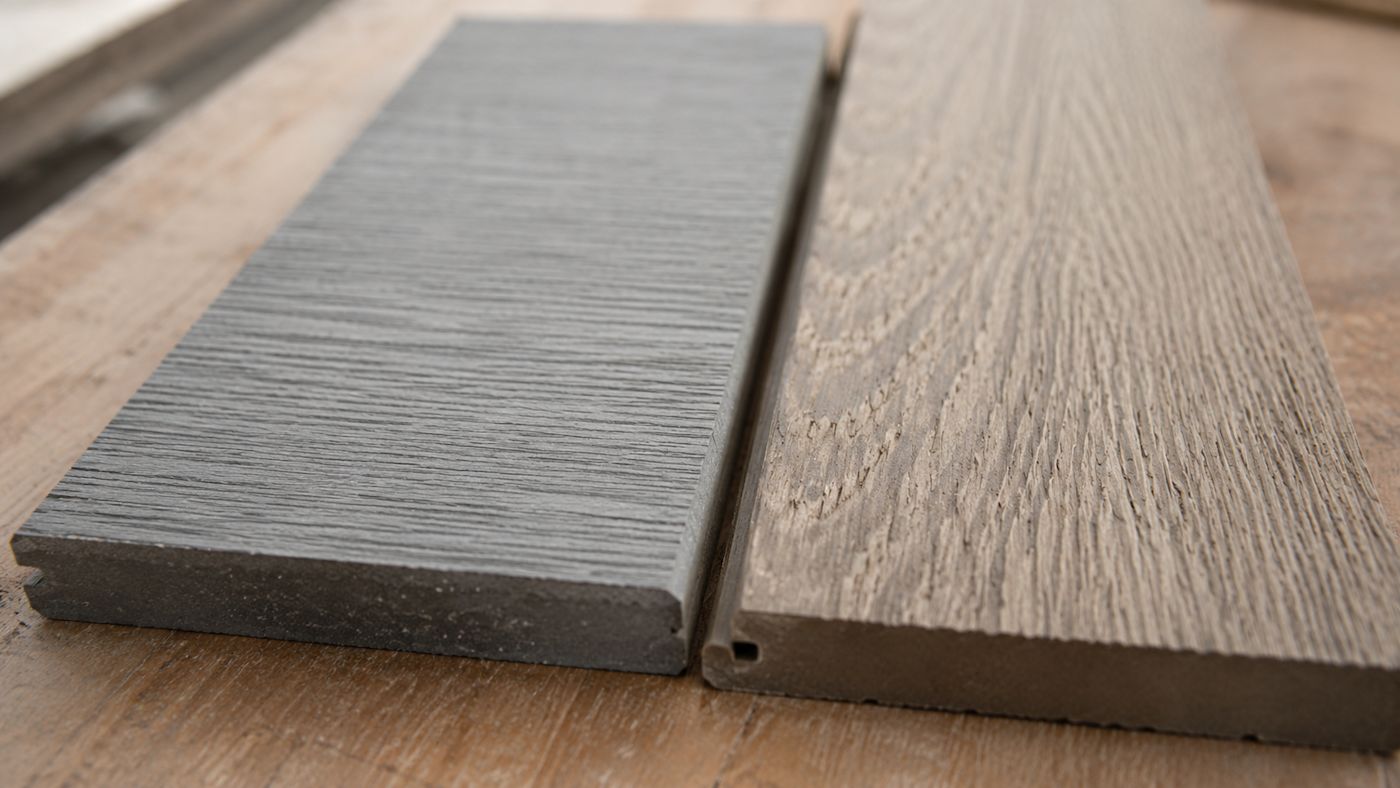 Close-up comparison of a gray fiber cement plank beside a woodgrain engineered wood plank
