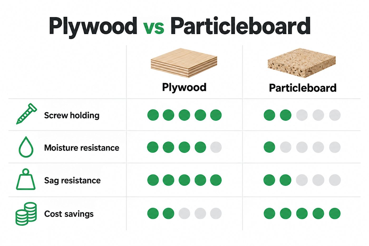 Plywood vs particleboard ratings for screw holding, moisture resistance, sag resistance, and cost savings