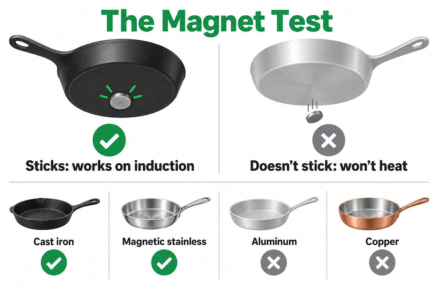 Induction cookware magnet test: cast iron and magnetic stainless work, aluminum and copper do not