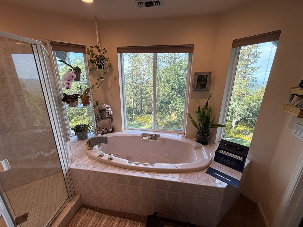 Before: original master bathroom with a drop-in oval jetted tub on a tile deck beneath the forest-view windows
