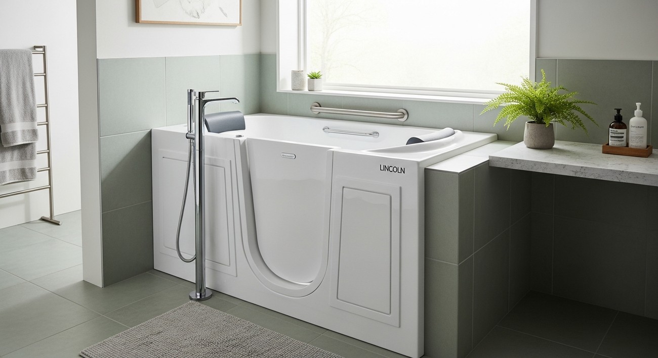 White walk-in tub showing low step-in threshold and watertight door seal