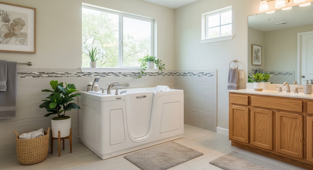 Walk-in tub with low step-in threshold and grab bars installed in a Rocklin home.