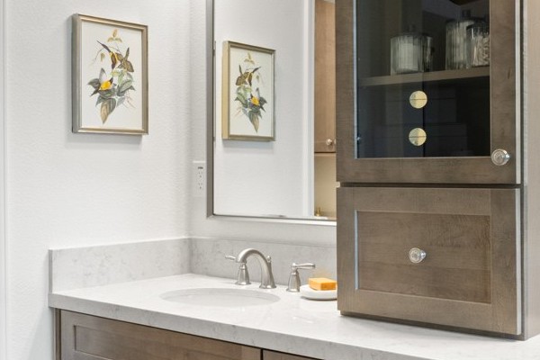 Double vanity with a center tower cabinet, quartz counter and frameless glass shower