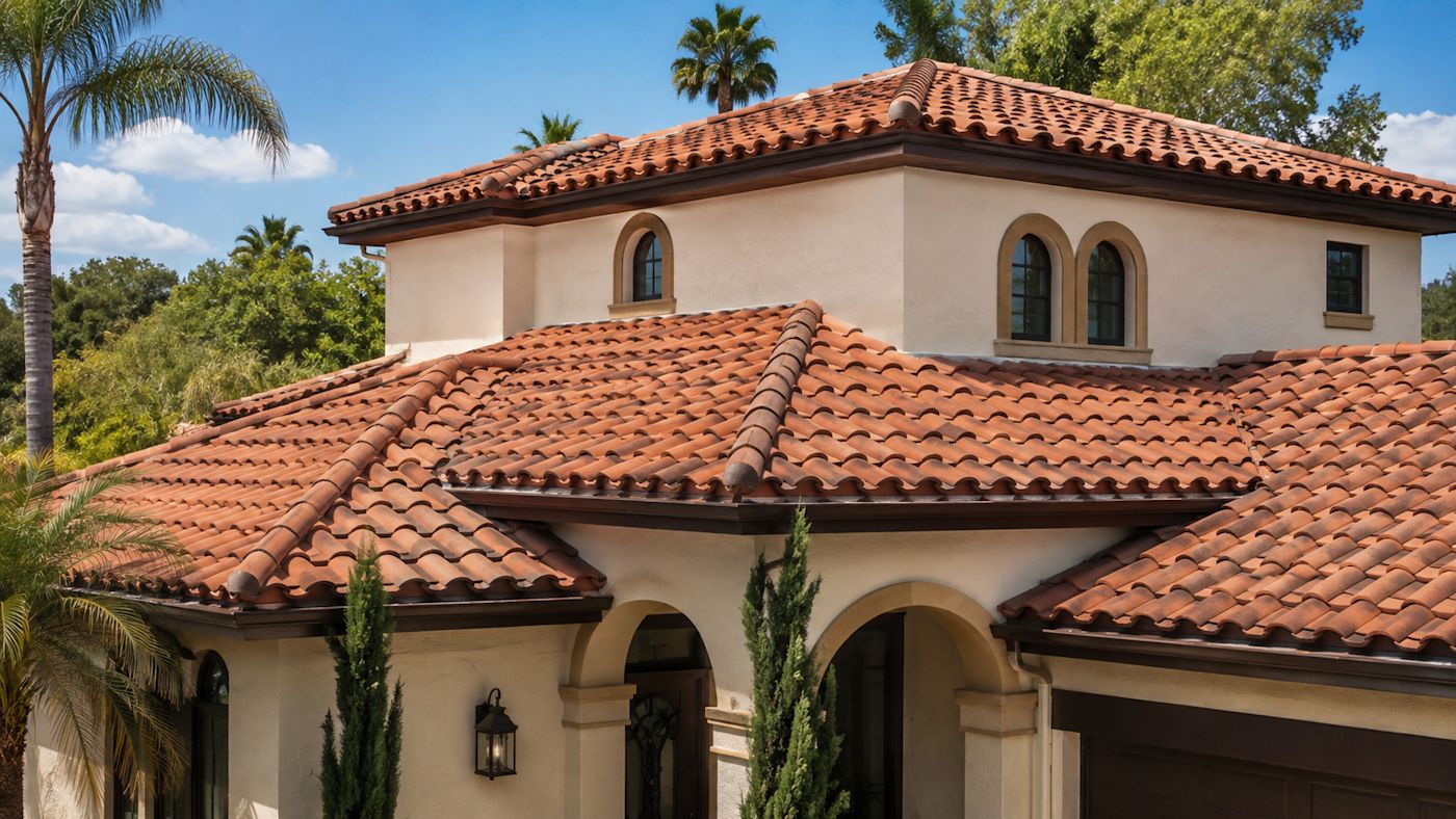 A Mediterranean-style Sacramento home with a terracotta clay tile roof