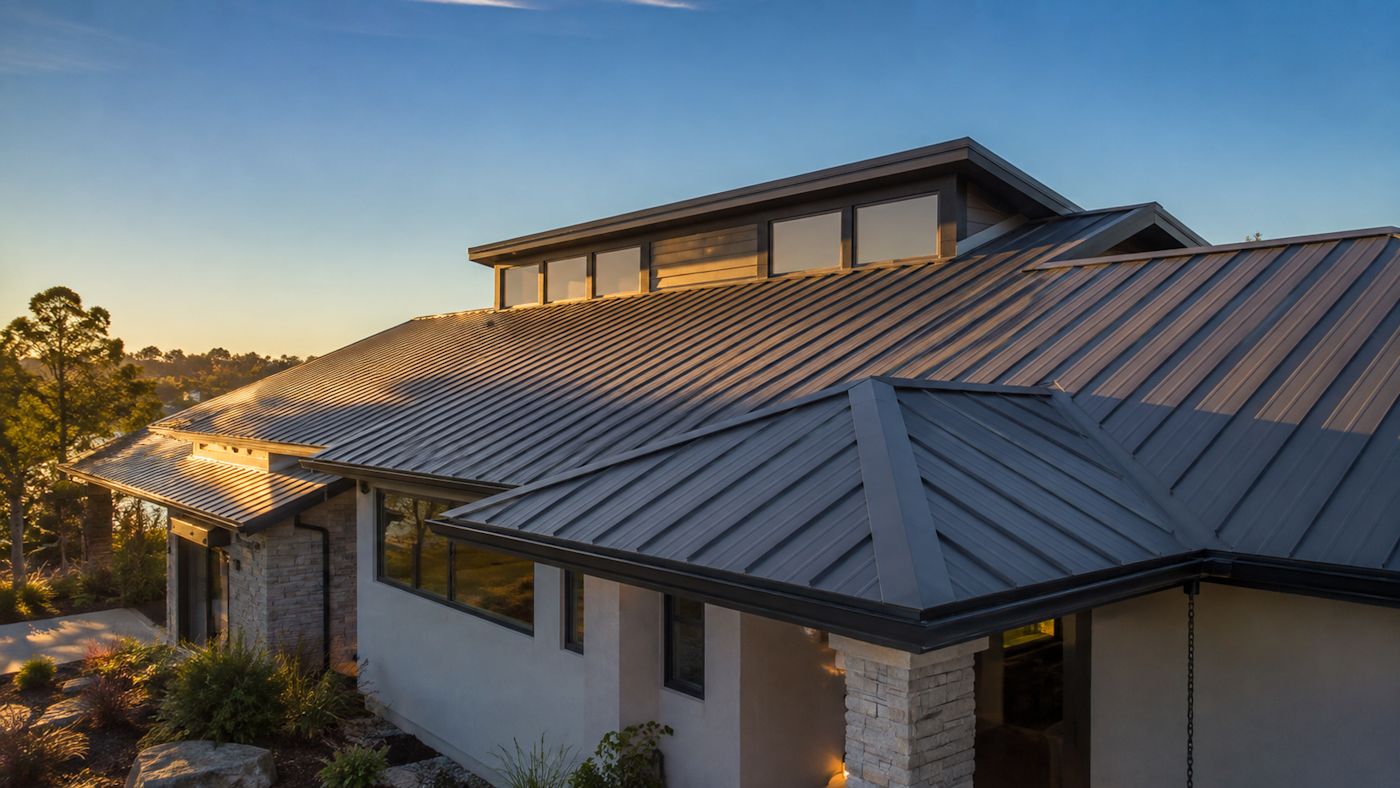 A modern Northern California home with a charcoal standing-seam metal roof