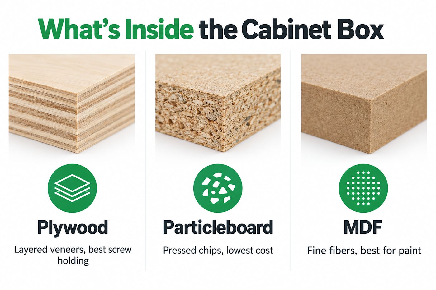 Cross-section comparison of plywood, particleboard, and MDF cabinet box panels