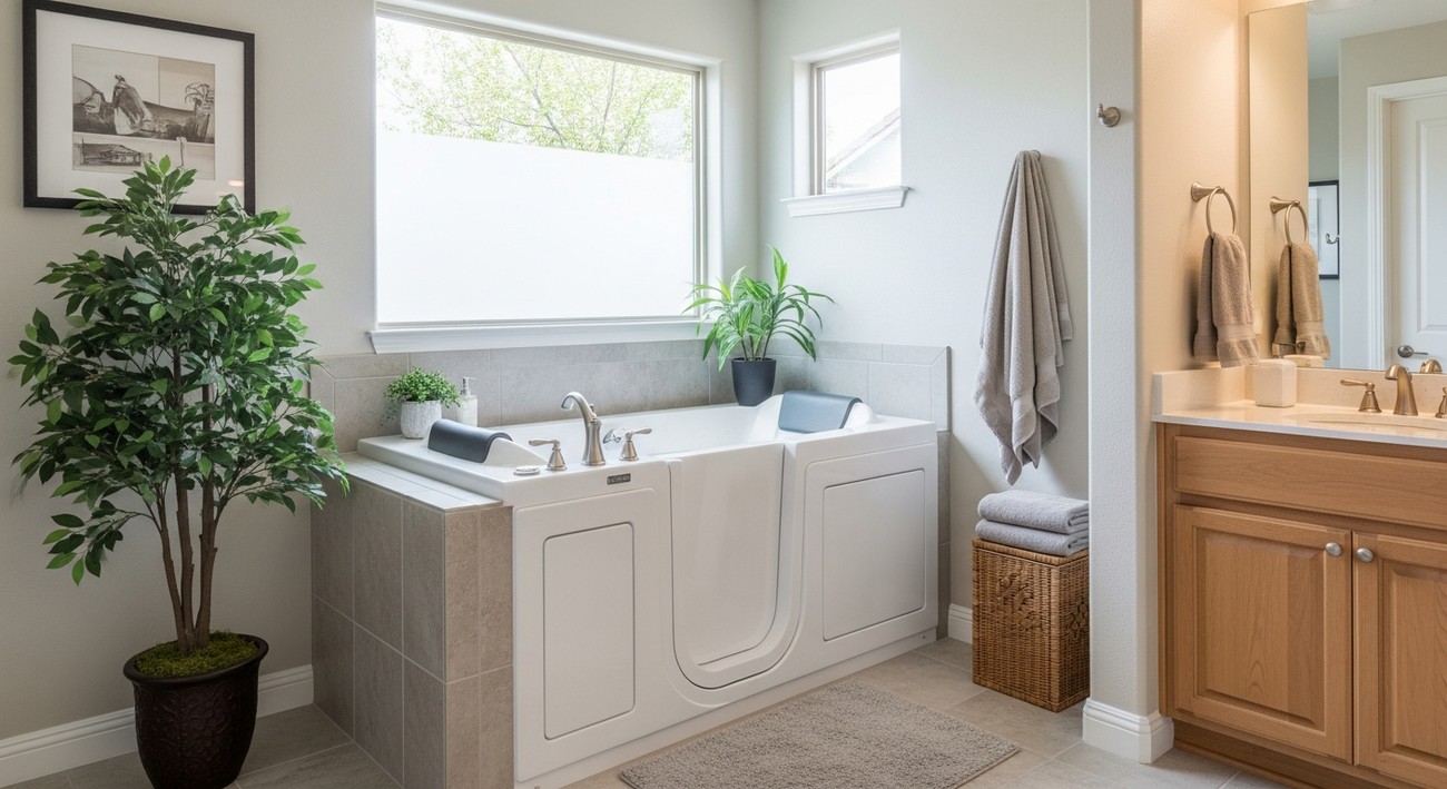 Professional walk-in bathtub installation showing custom tile work and safety handles.