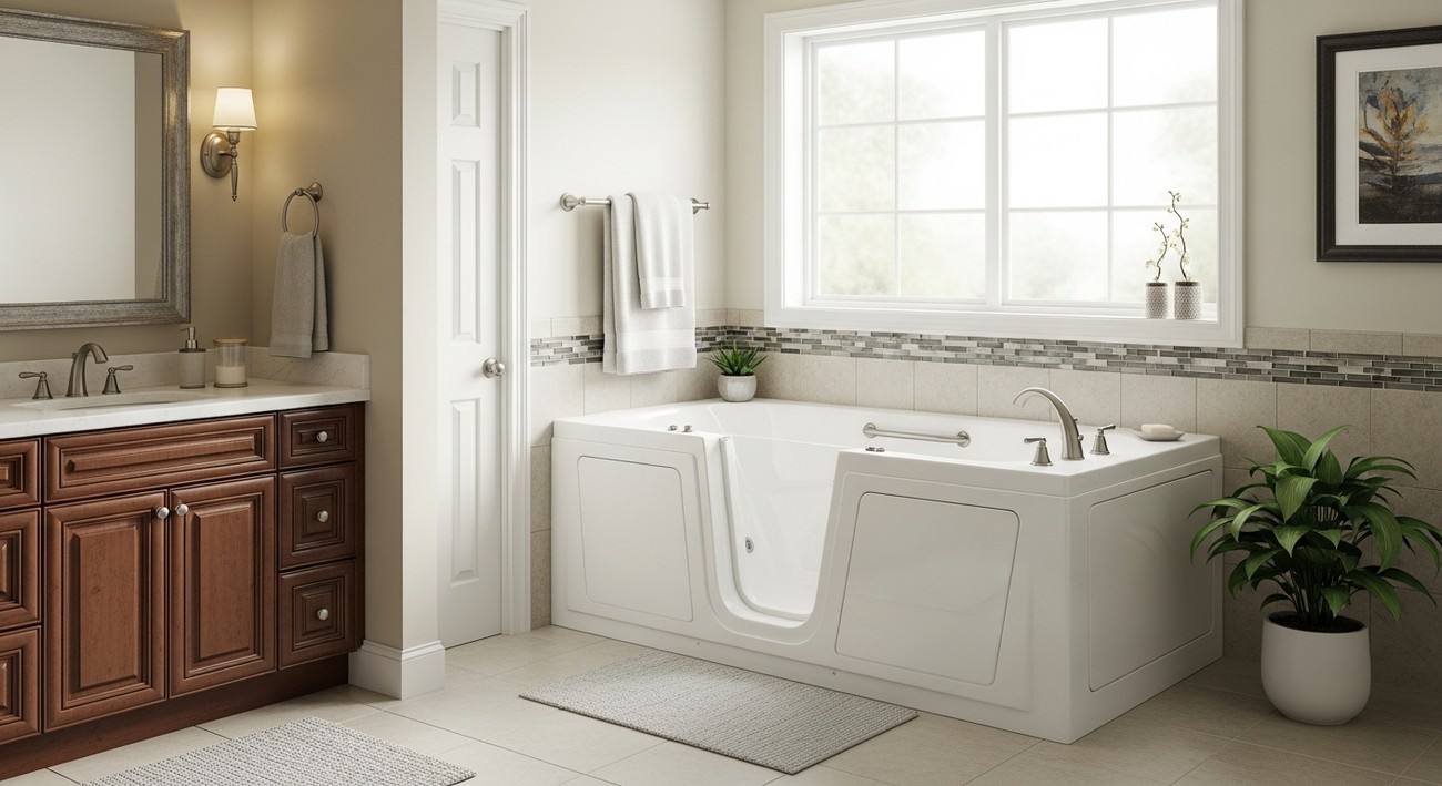 Completed walk-in tub installation featuring molded seating and hydrotherapy jets