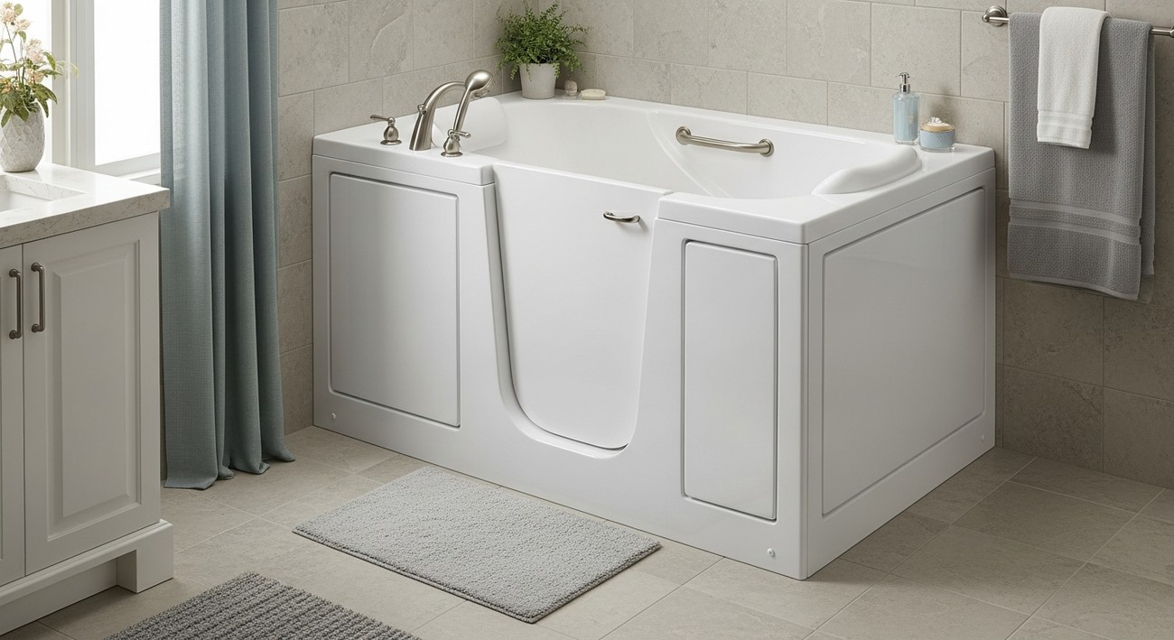 Side view of a walk-in tub door seal and locking mechanism showing the heavy-duty gasket.