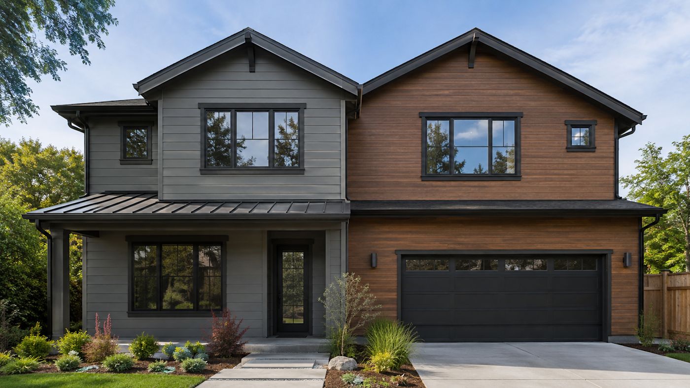 One home showing gray fiber cement lap siding on the left and warm engineered wood siding on the right