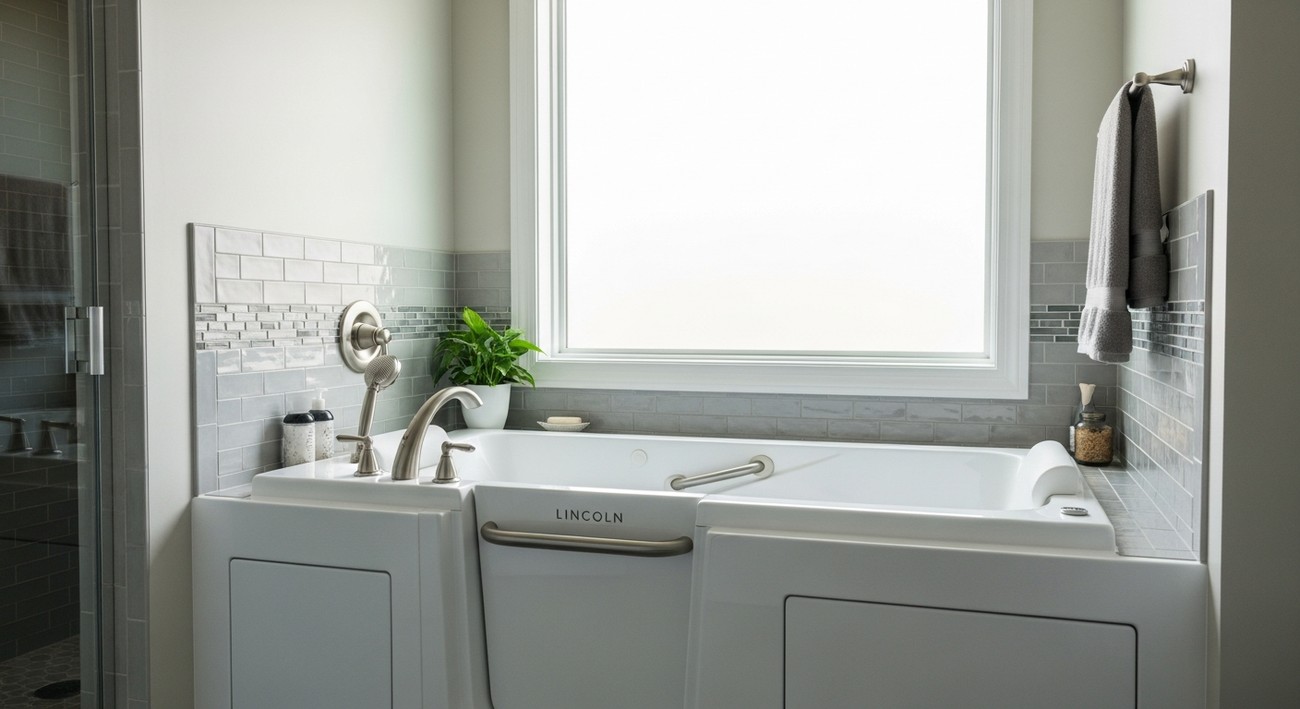 Walk-in tub with chrome grab bars and adjustable showerhead installed in a Lincoln, CA home