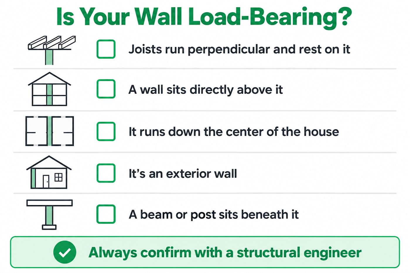 Checklist for whether a kitchen wall is load-bearing, with a reminder to confirm with a structural engineer