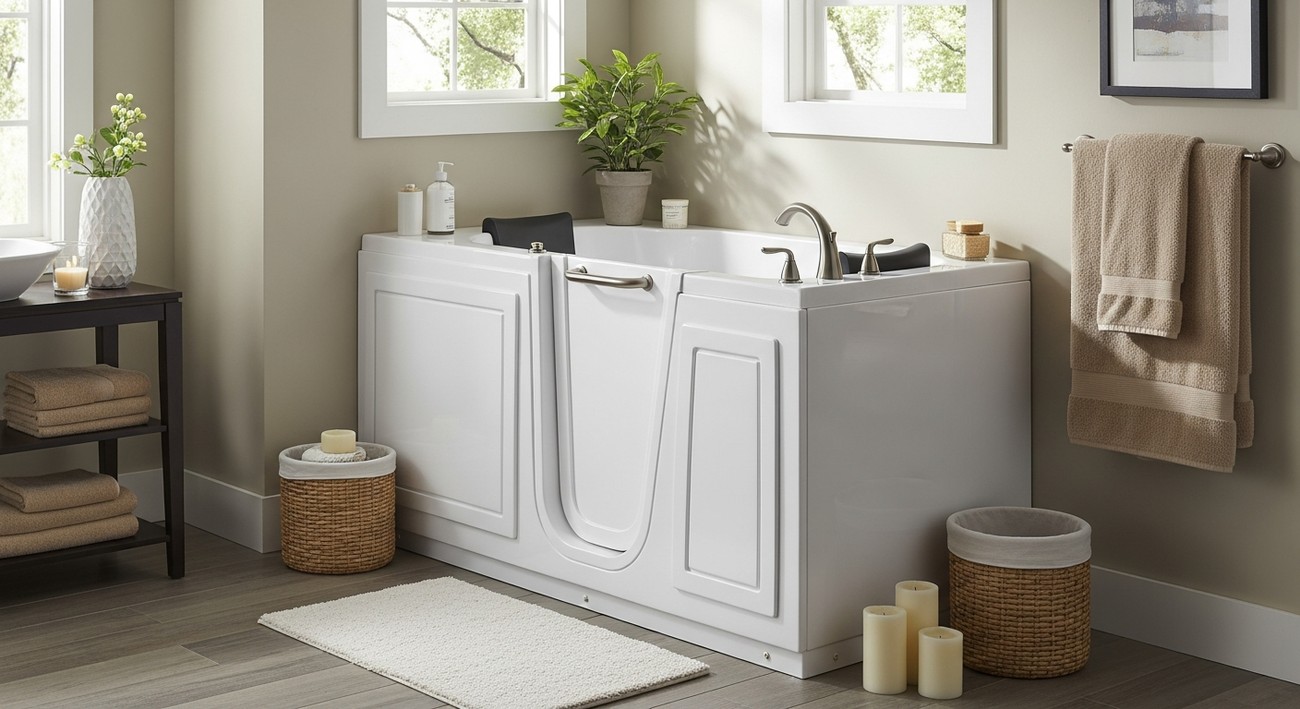 Luxury walk-in tub with whirlpool jets and digital control panel installed by GVD Renovations.