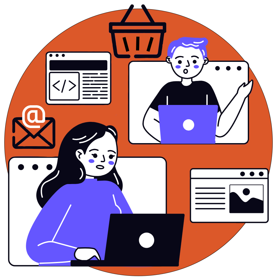 Illustration of web developers collaborating on digital projects, including e-commerce, coding, and website design elements.