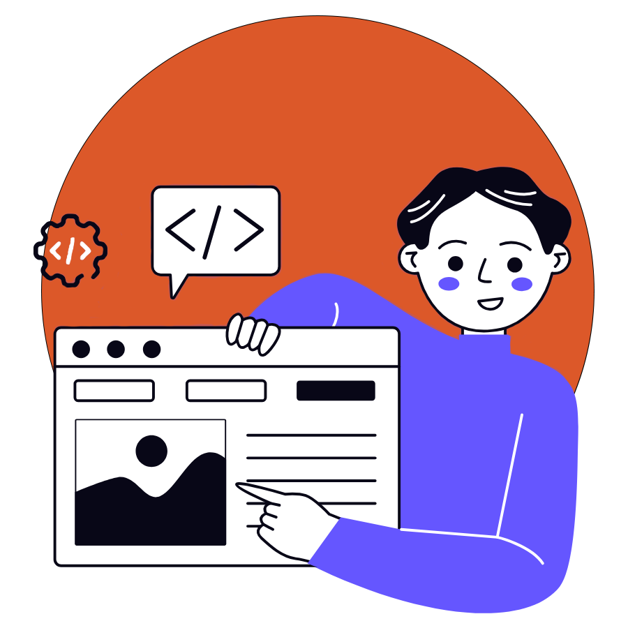Illustration of a web developer presenting a custom-built website interface, showcasing coding symbols and design elements.