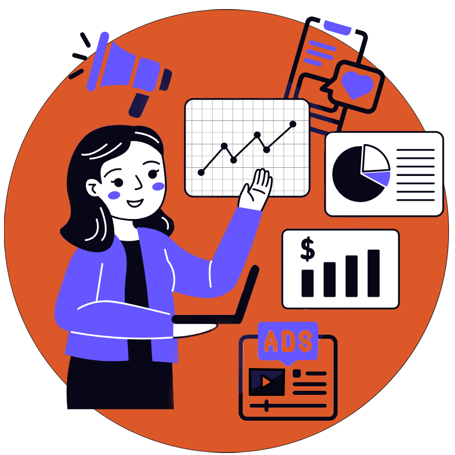 Illustration of a female figure working on marketing tasks such as Google ads, social media, PR.