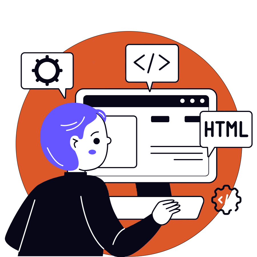 Illustration of a web developer working on HTML code, website interface, and digital configuration tools.