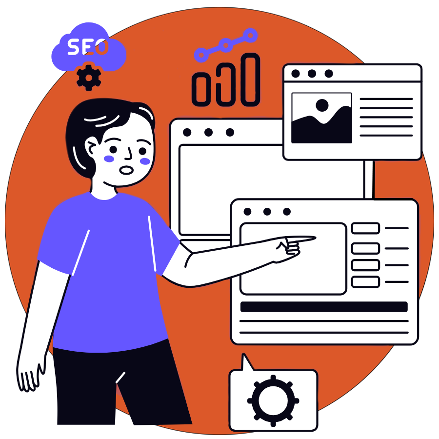Illustration of a web developer working on SEO, coding, website interface, and digital configuration tools.