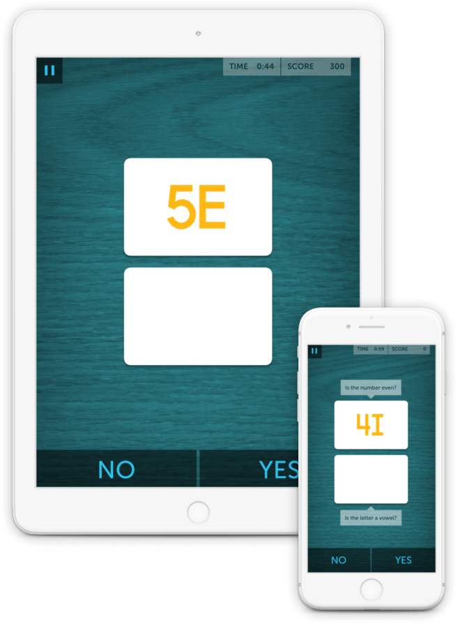 In this game, you will switch between two rules depending on whether the letter-number pair shows up on the top or bottom card.  The location of the letter-number pair will be unpredictable, so you will exercise your mental flexibility to answer as quickly as possible.