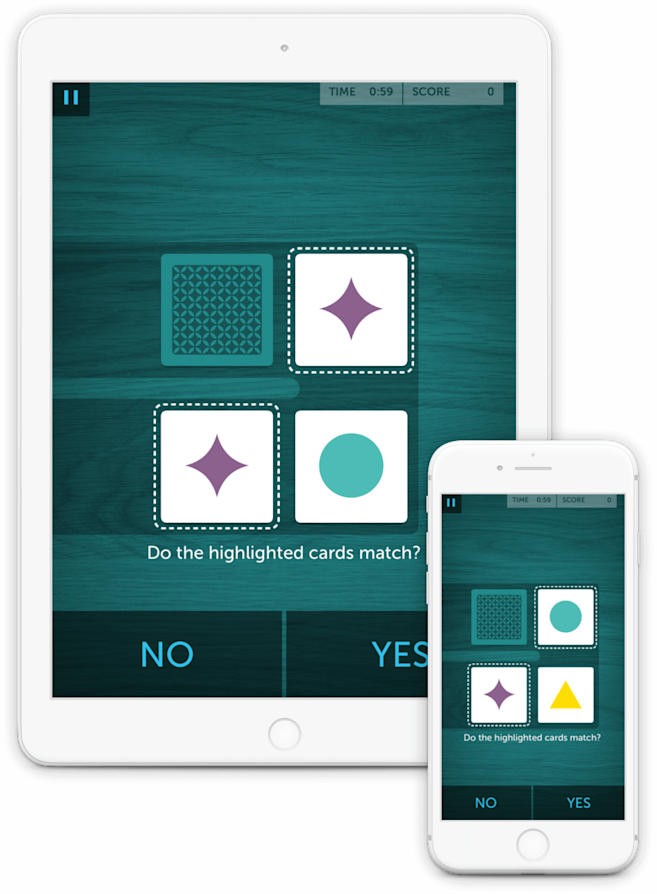In diesem Spiel müssen Sie schnell entscheiden, ob das Symbol auf einer Karte dem 2 Karten zuvor gezeigtem Symbol entspricht.   Das schnelle Analysieren und Vergleichen der Symbole fordert Ihr Arbeitsgedächtnis heraus. Des Weiteren werden Sie in diesem Spiel ständig dazu aufgefordert Ihr Arbeitsgedächtnis mit neuen Informationen upzudaten.  