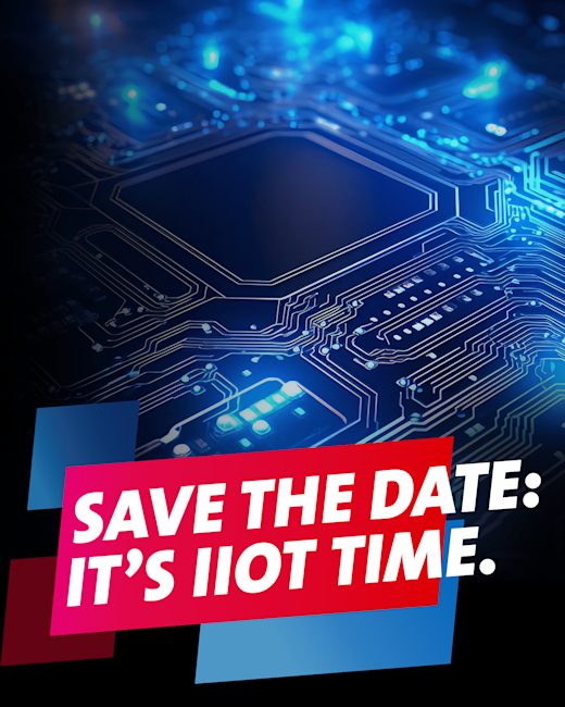 Case | HM | Gallery 1 Der Text „SAVE THE DATE:IT´S IIOT TIME“ in Weiß auf Rot, vor blauem Hintergrund