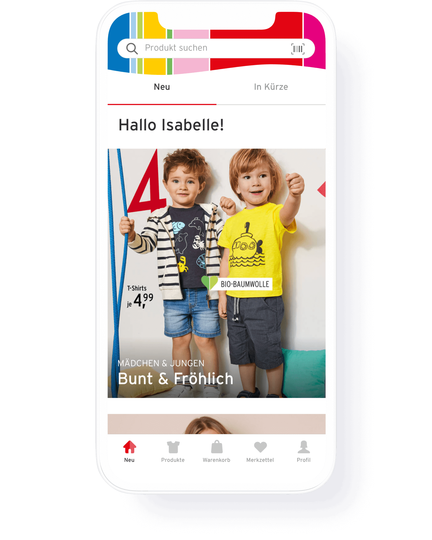 Auf einem Handy ist ein Bild von 2 Jungs mit dem Text „Bunt & Fröhlich“