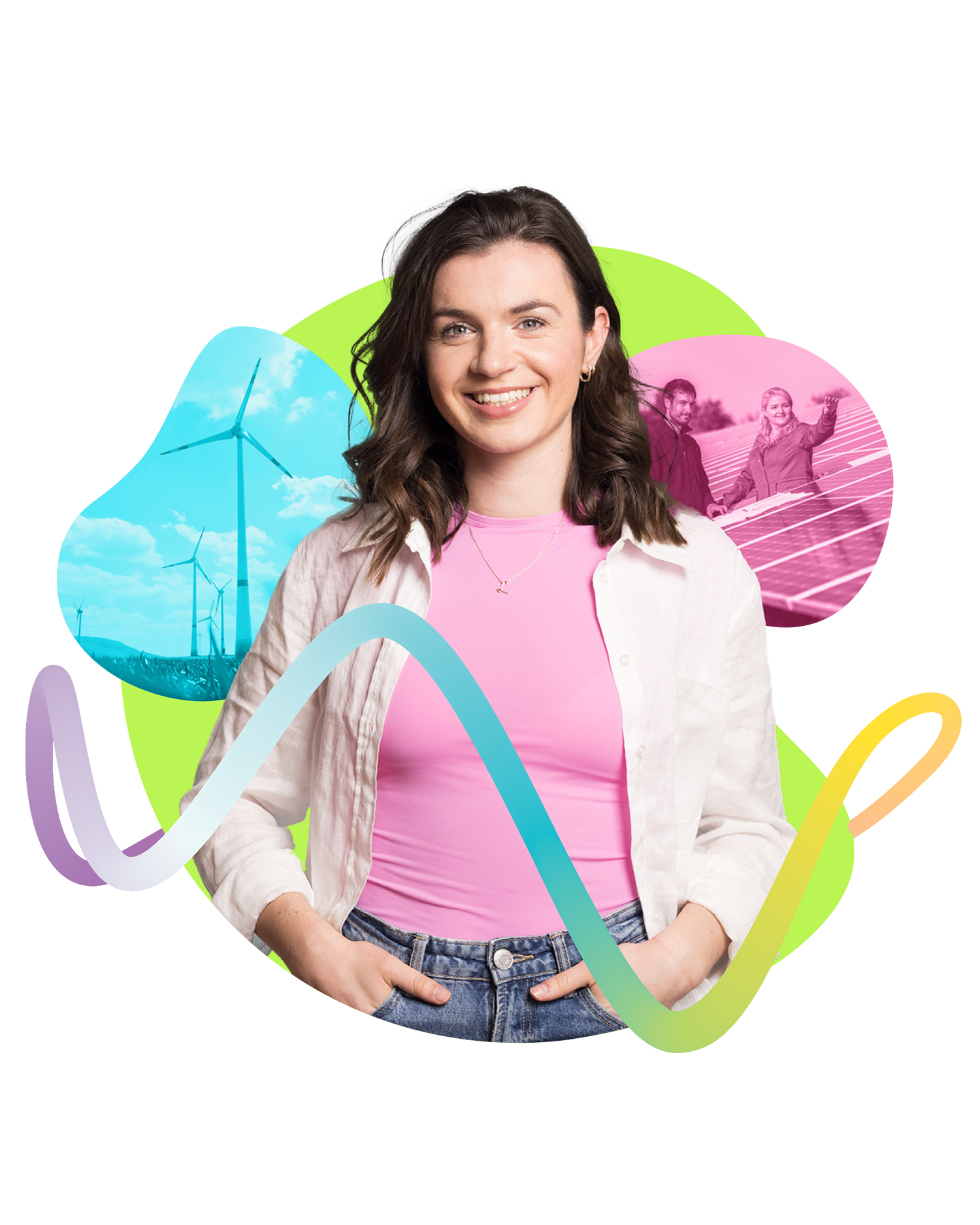 Eine Frau steht lächelnd vor einem bunten Hintergrund 