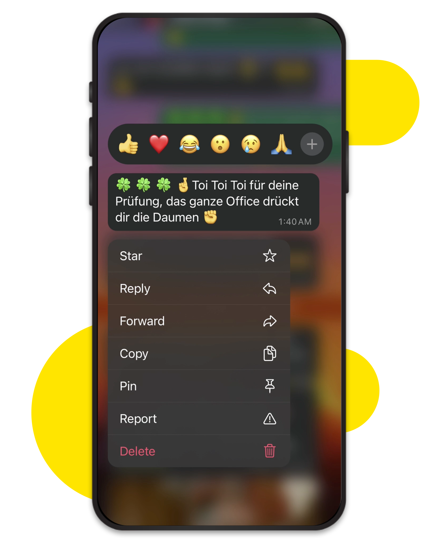 Handy mit der Nachricht „Toi Toi Toi für deine Prüfung, das ganze Office drückt dir die Daumen“