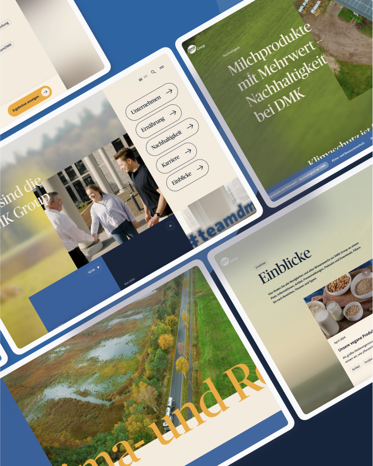 Vier unterschiedliche Darstellungen der DMK Website auf blauem Hintergrund