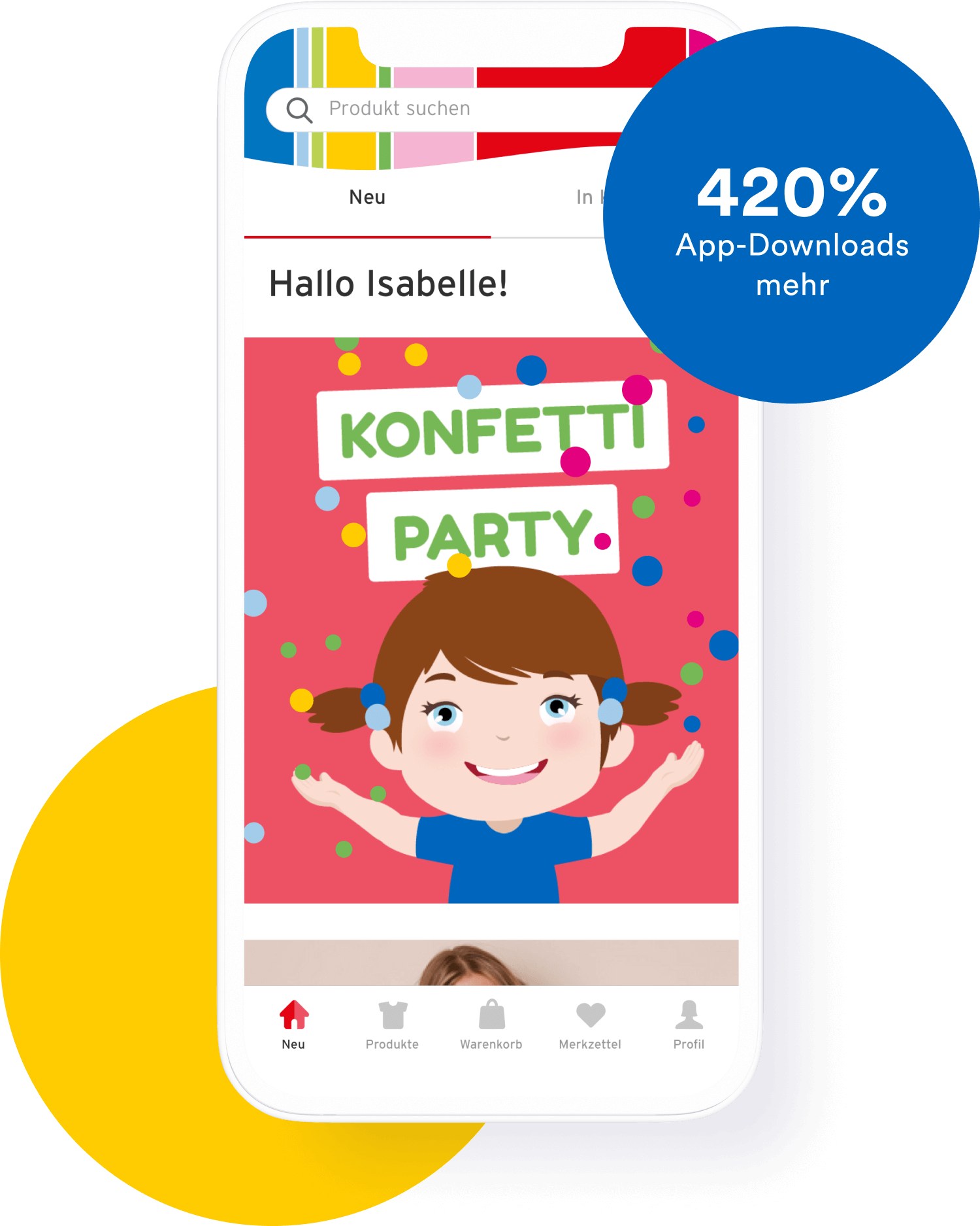Auf einem Handy ist eine Mädchenzeichnung zusehen mit dem Text „KONFETTI PARTY“ 