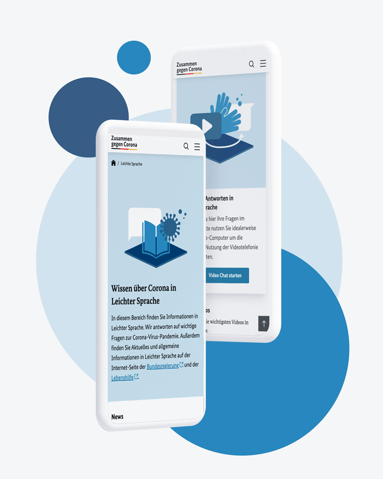 Weißer Hintergrund mit blauen Kreisen davor 2 Handys mit Texten zum Thema Corona